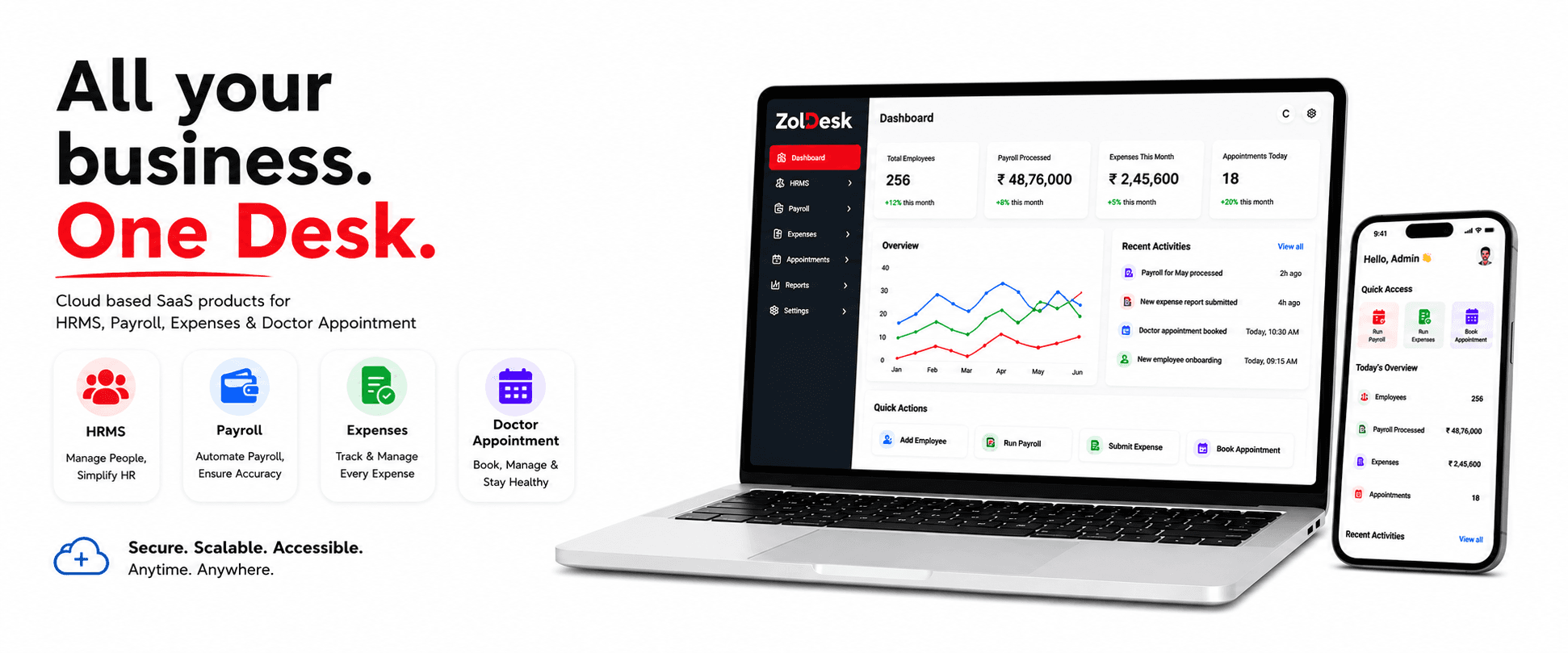 Zoldesk — all your business, one desk. Cloud-based SaaS for HRMS, Payroll, Expenses and Doctor Appointments.